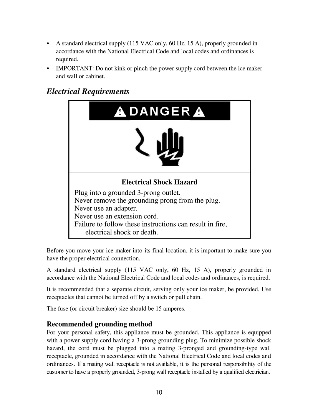 Franklin Industries, L.L.C FIM90, FIM120 Electrical Requirements, Electrical Shock Hazard, Recommended grounding method 