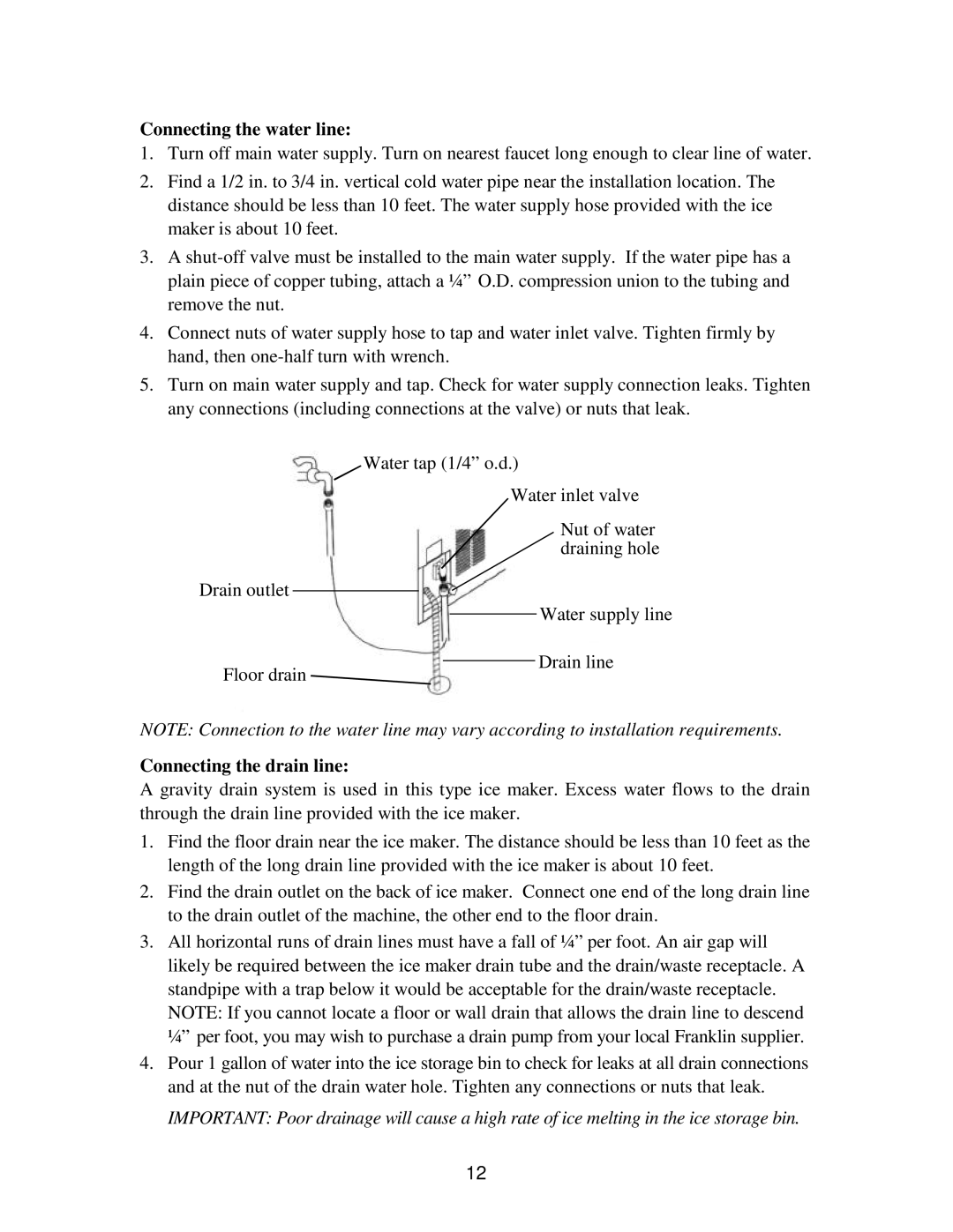 Franklin Industries, L.L.C FIM90, FIM120 user manual Connecting the water line, Connecting the drain line 