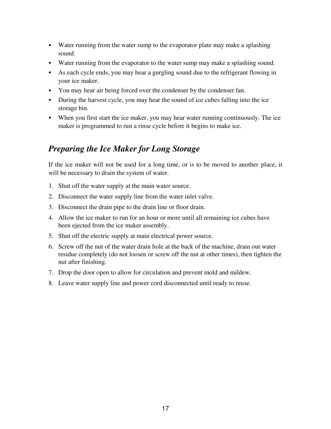 Franklin Industries, L.L.C FIM120, FIM90 user manual Preparing the Ice Maker for Long Storage 