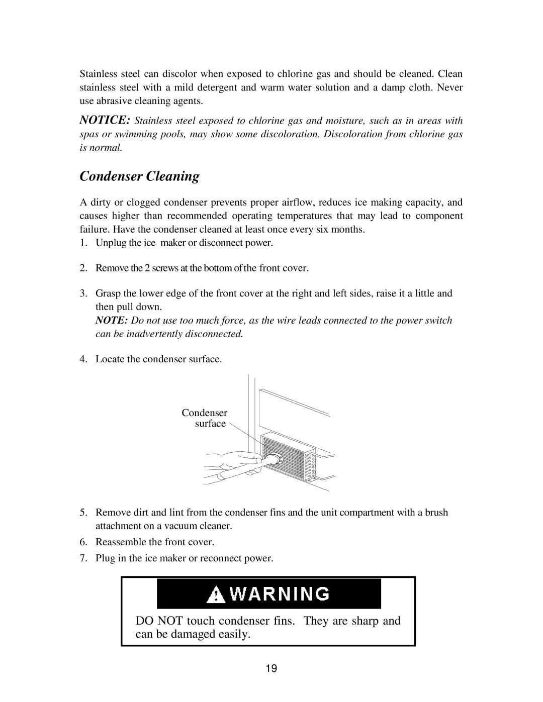 Franklin Industries, L.L.C FIM120, FIM90 user manual Condenser Cleaning 