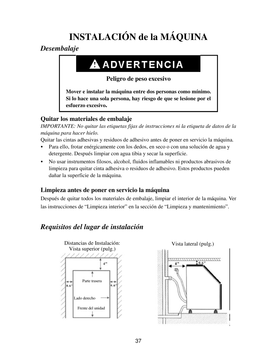 Franklin Industries, L.L.C FIM90, FIM120 Instalación de la Máquina, Desembalaje, Requisitos del lugar de instalación 