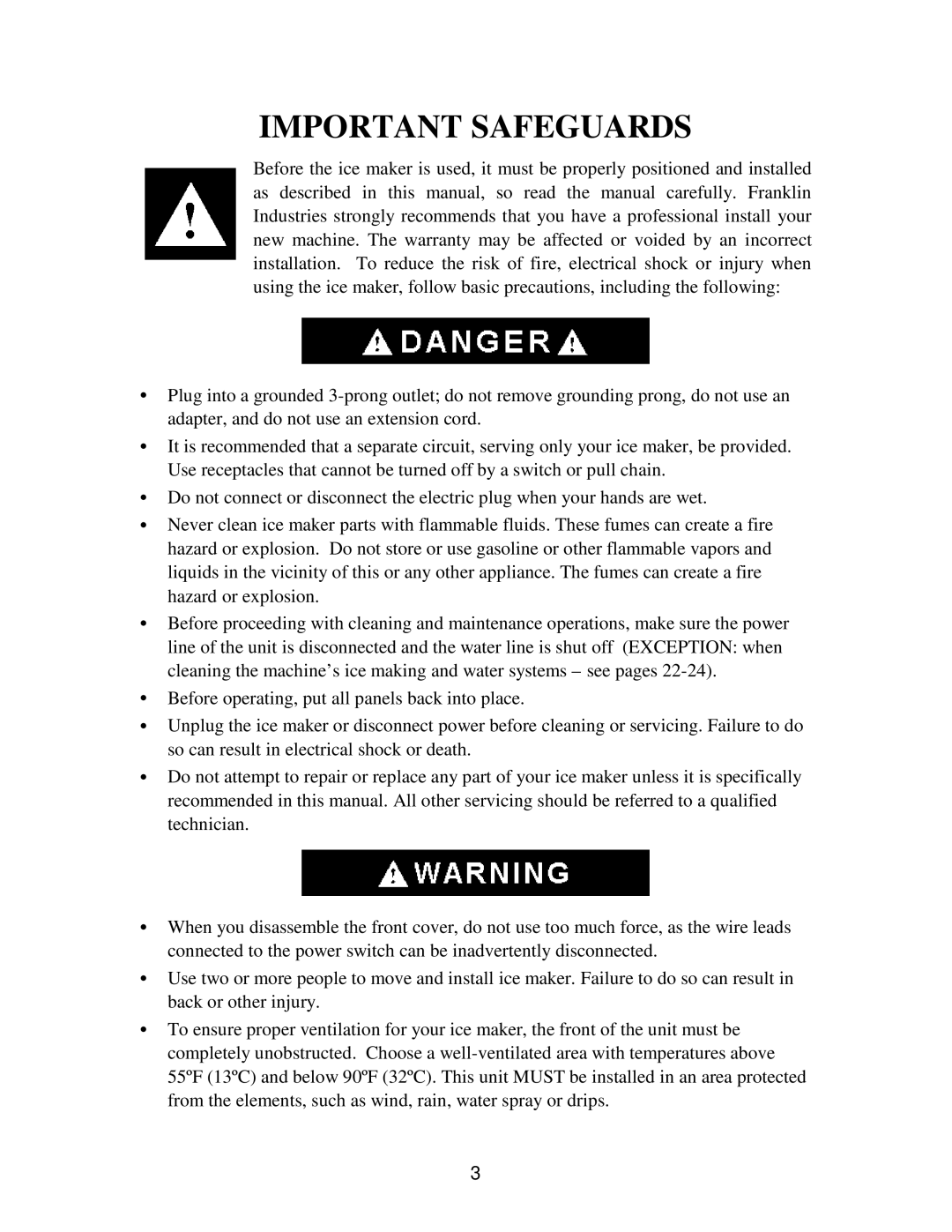 Franklin Industries, L.L.C FIM120, FIM90 user manual Important Safeguards 