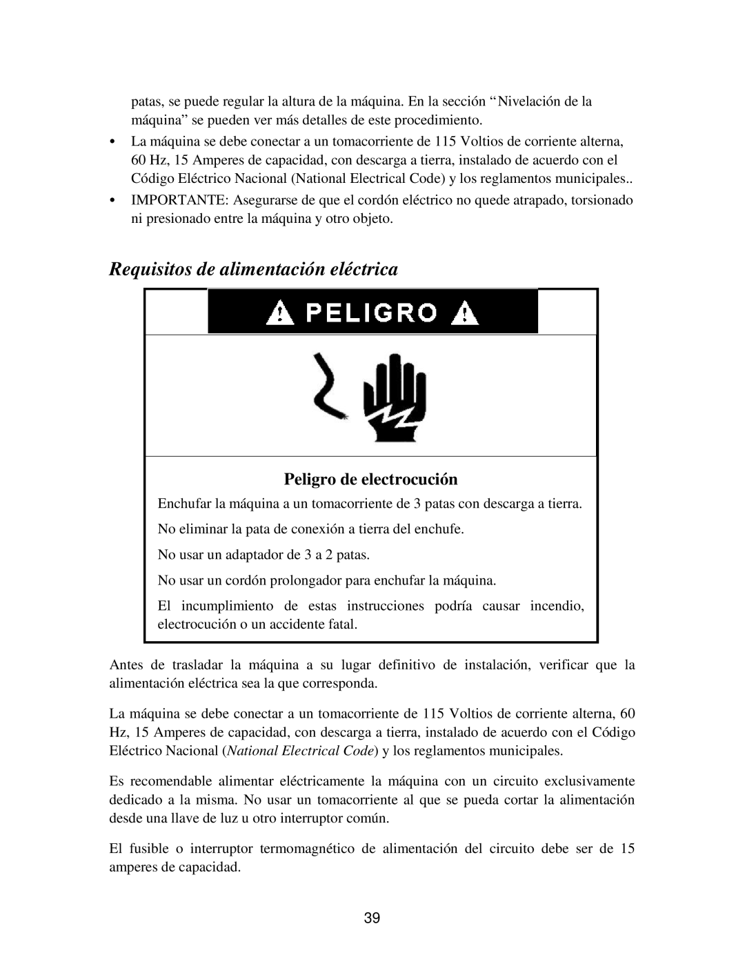 Franklin Industries, L.L.C FIM90, FIM120 user manual Requisitos de alimentación eléctrica, Peligro de electrocución 