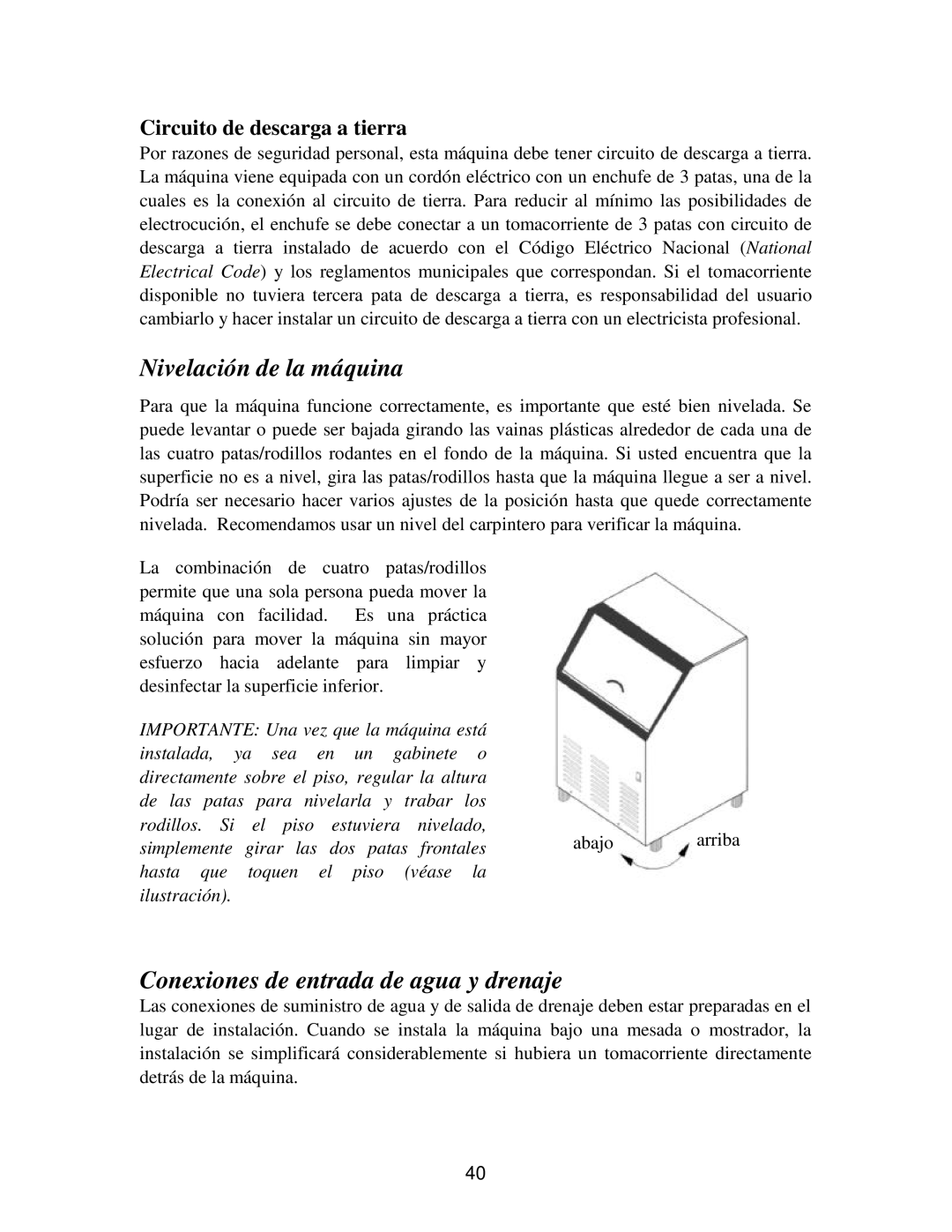 Franklin Industries, L.L.C FIM120, FIM90 user manual Nivelación de la máquina, Conexiones de entrada de agua y drenaje 