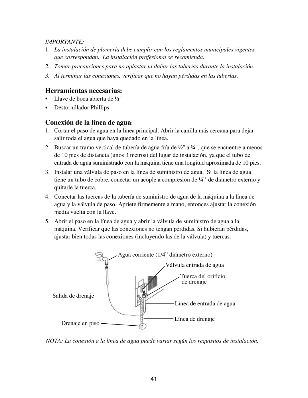 Franklin Industries, L.L.C FIM90, FIM120 user manual Herramientas necesarias, Conexión de la línea de agua 