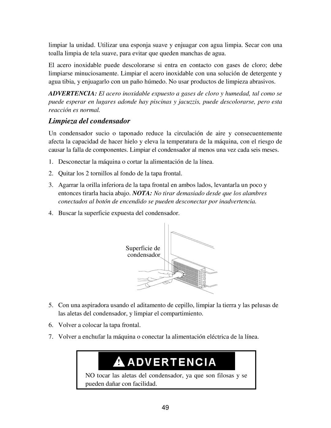 Franklin Industries, L.L.C FIM90, FIM120 user manual Limpieza del condensador 