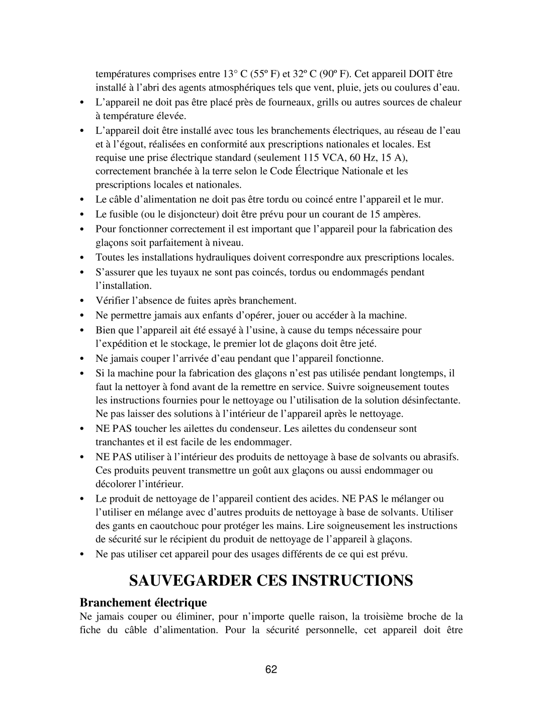 Franklin Industries, L.L.C FIM120, FIM90 user manual Sauvegarder CES Instructions, Branchement électrique 