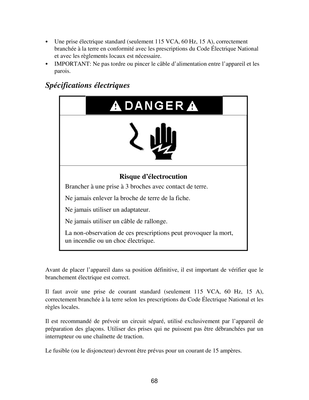 Franklin Industries, L.L.C FIM120, FIM90 user manual Spécifications électriques, Risque d’électrocution 