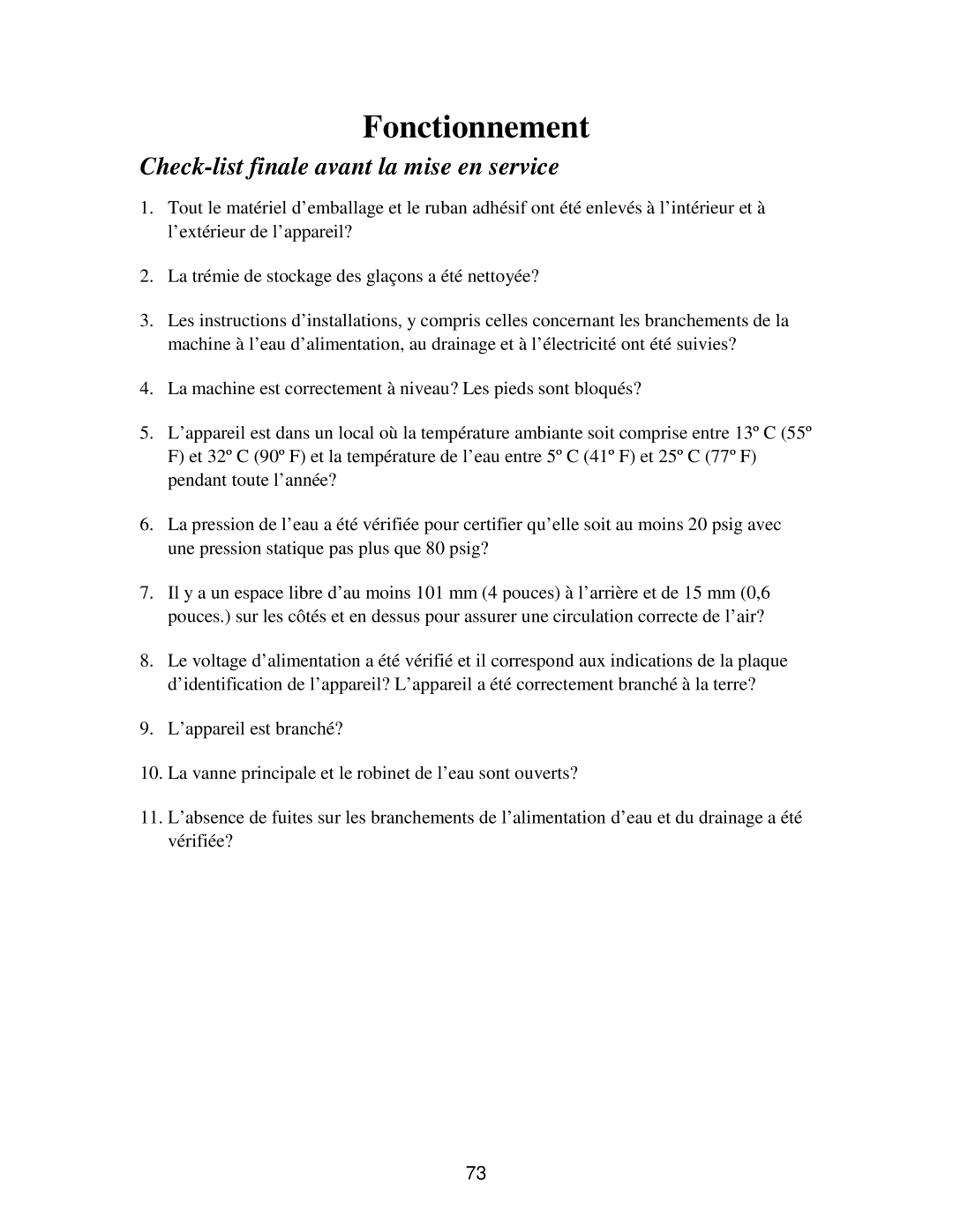 Franklin Industries, L.L.C FIM90, FIM120 user manual Fonctionnement, Check-list finale avant la mise en service 