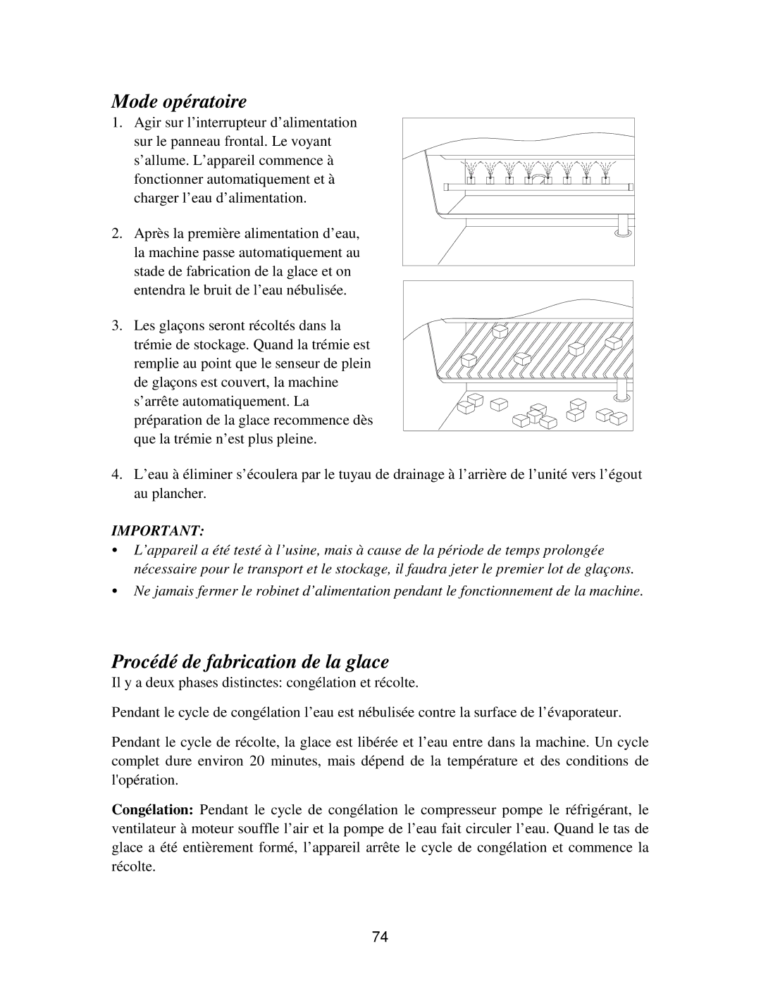 Franklin Industries, L.L.C FIM120, FIM90 user manual Mode opératoire, Procédé de fabrication de la glace 