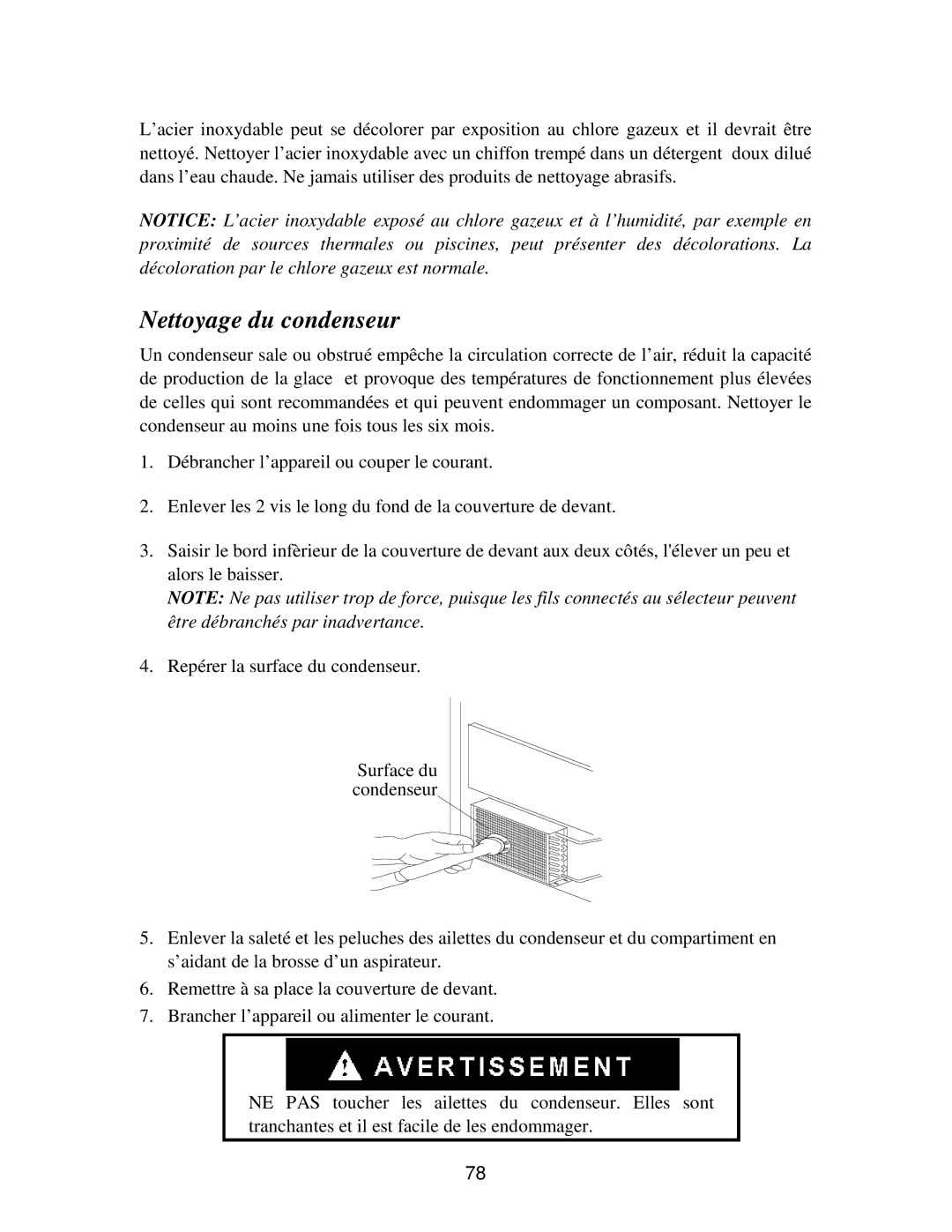 Franklin Industries, L.L.C FIM120, FIM90 user manual Nettoyage du condenseur 