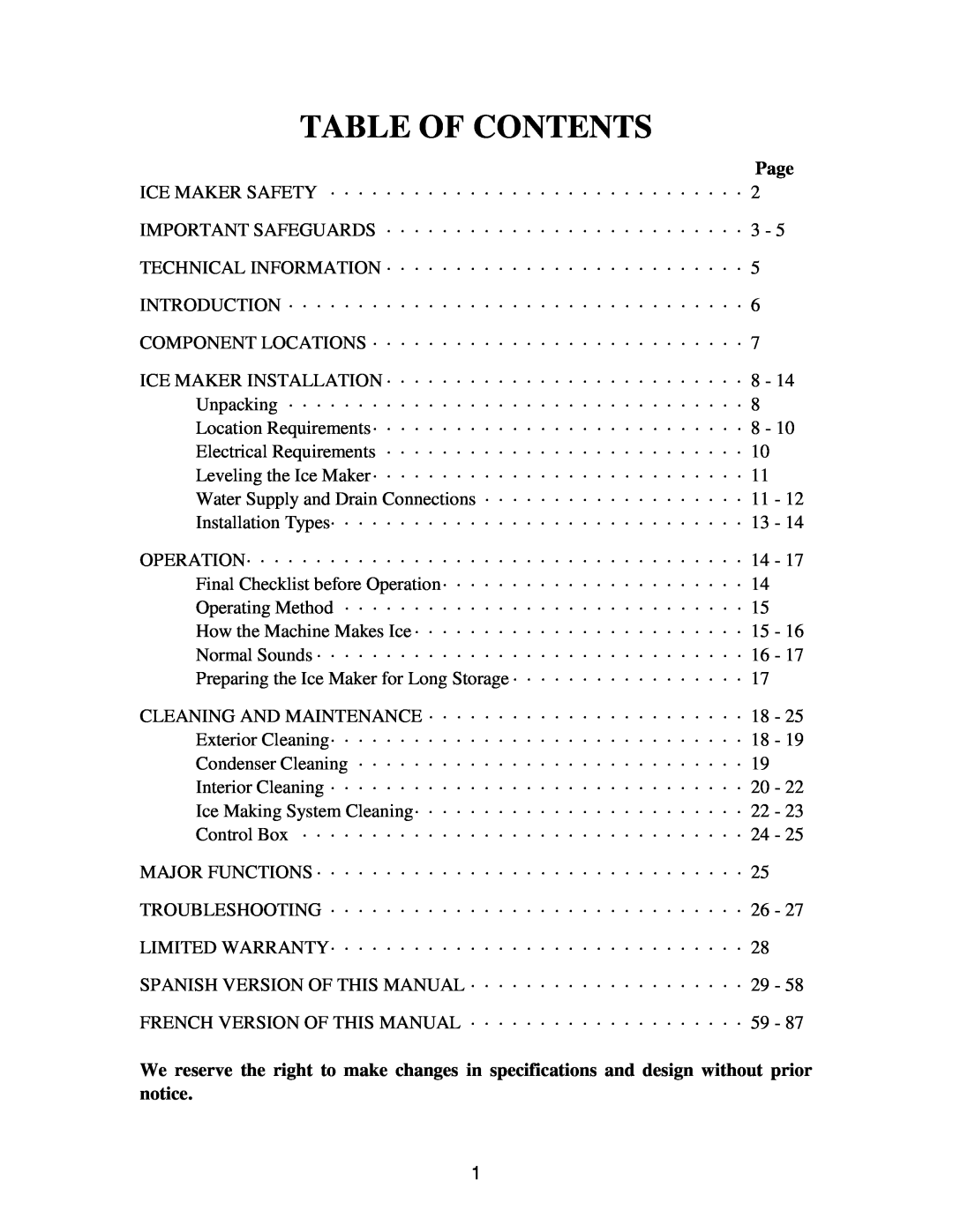 Franklin Industries, L.L.C FIM120, FIM90 user manual Table Of Contents, Page 