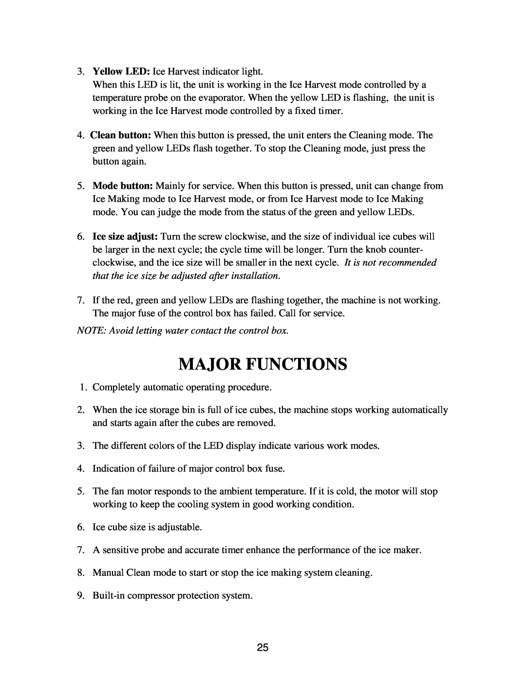 Franklin Industries, L.L.C FIM120, FIM90 user manual Major Functions, NOTE Avoid letting water contact the control box 