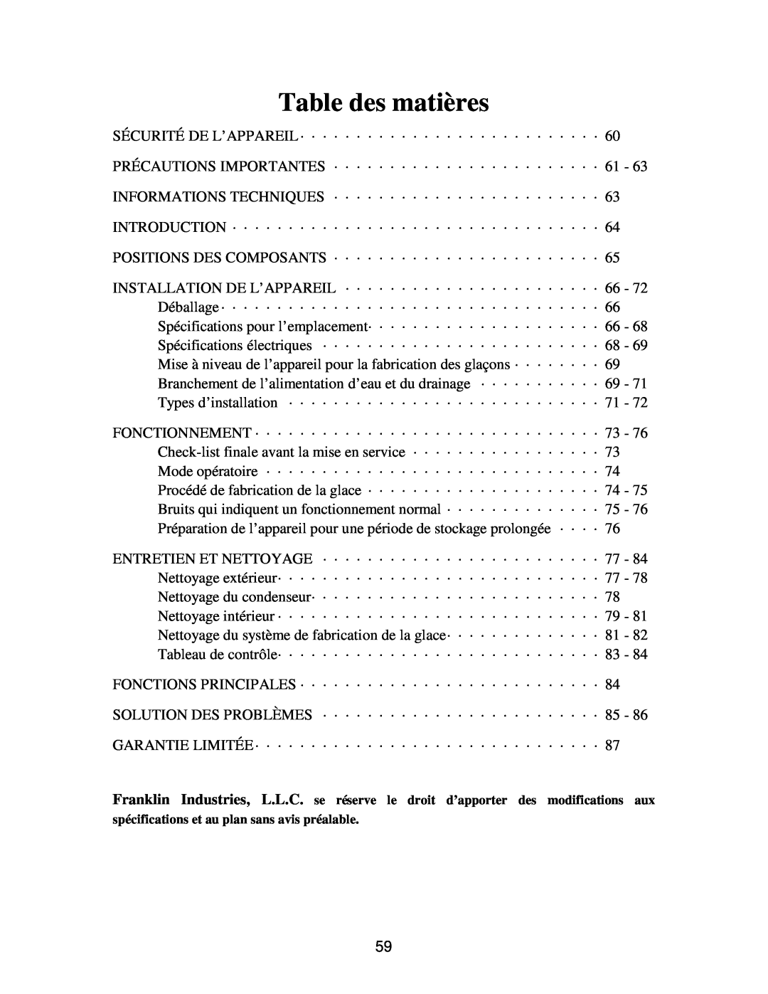 Franklin Industries, L.L.C FIM90, FIM120 user manual Table des matières 