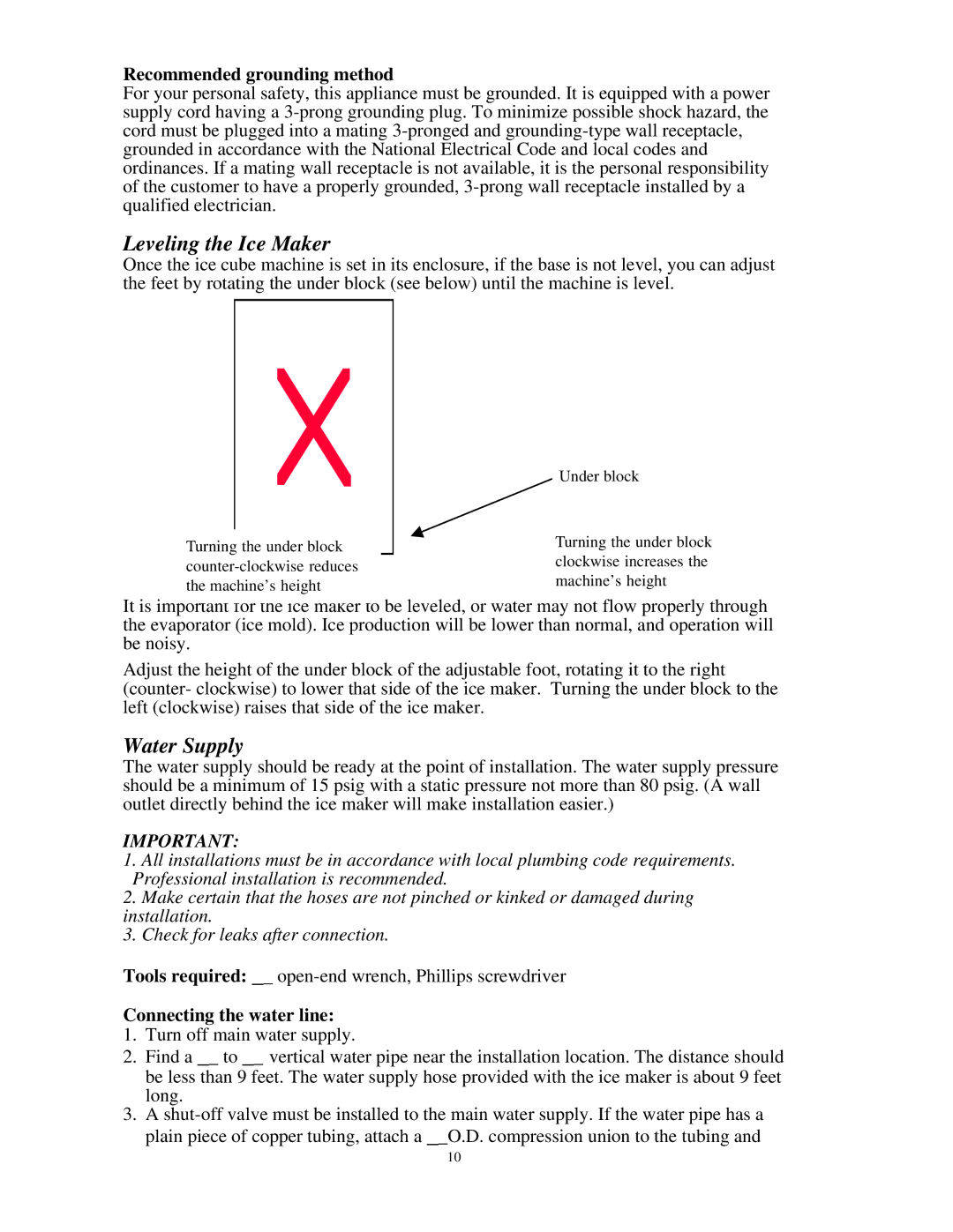 Franklin Industries, L.L.C FIM200 user manual Leveling the Ice Maker, Water Supply, Recommended grounding method 