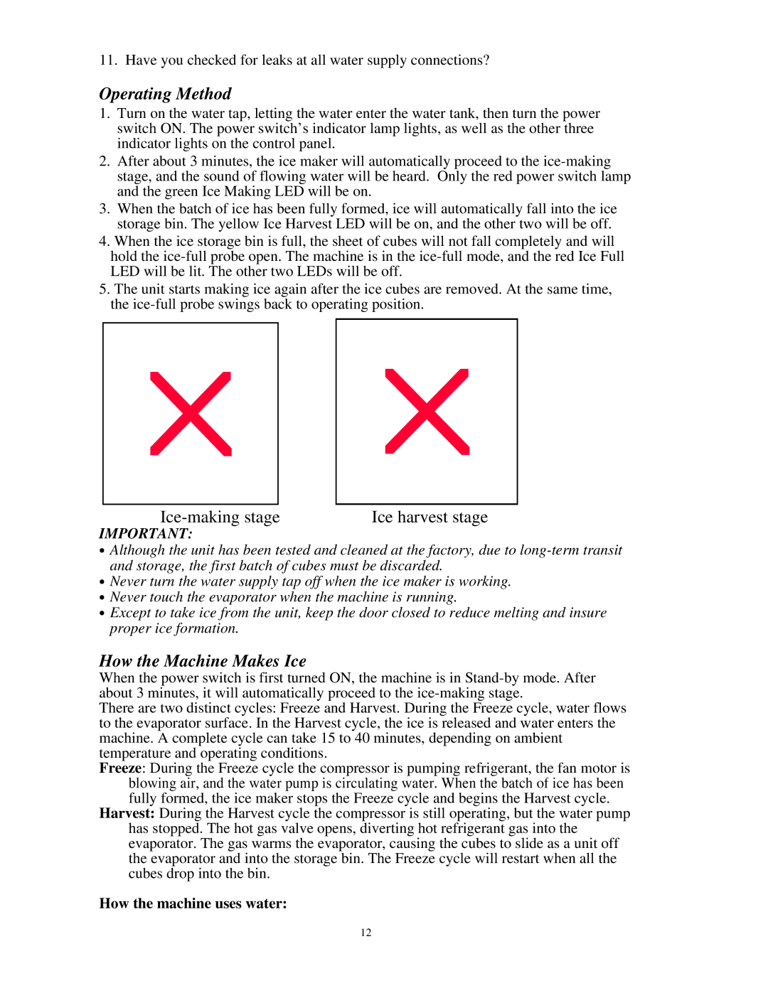 Franklin Industries, L.L.C FIM200 user manual Operating Method, How the Machine Makes Ice, How the machine uses water 