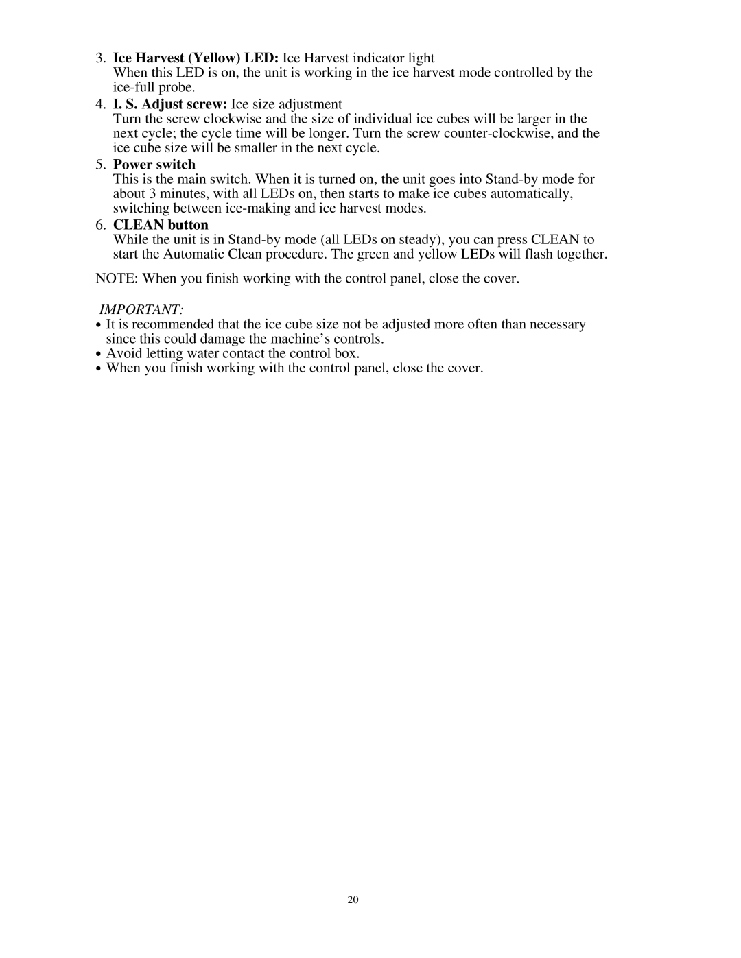 Franklin Industries, L.L.C FIM200 user manual S. Adjust screw Ice size adjustment, Power switch, Clean button 