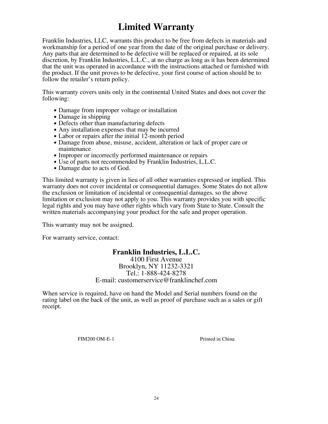 Franklin Industries, L.L.C FIM200 user manual Limited Warranty, Franklin Industries, L.L.C 