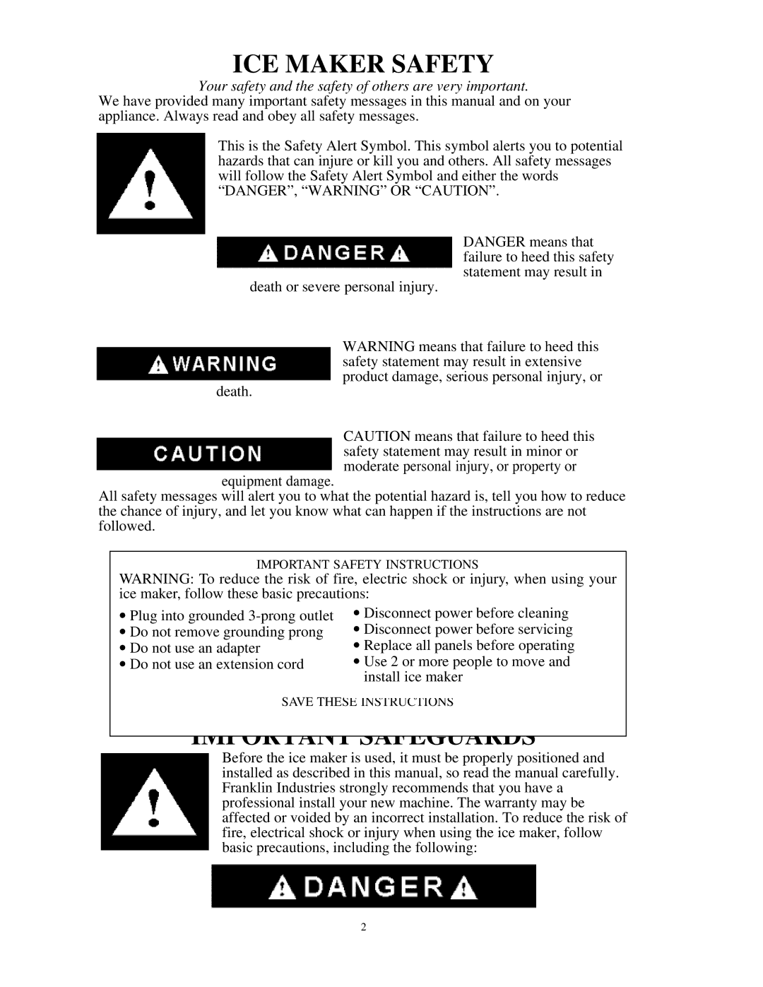 Franklin Industries, L.L.C FIM200 user manual ICE Maker Safety 