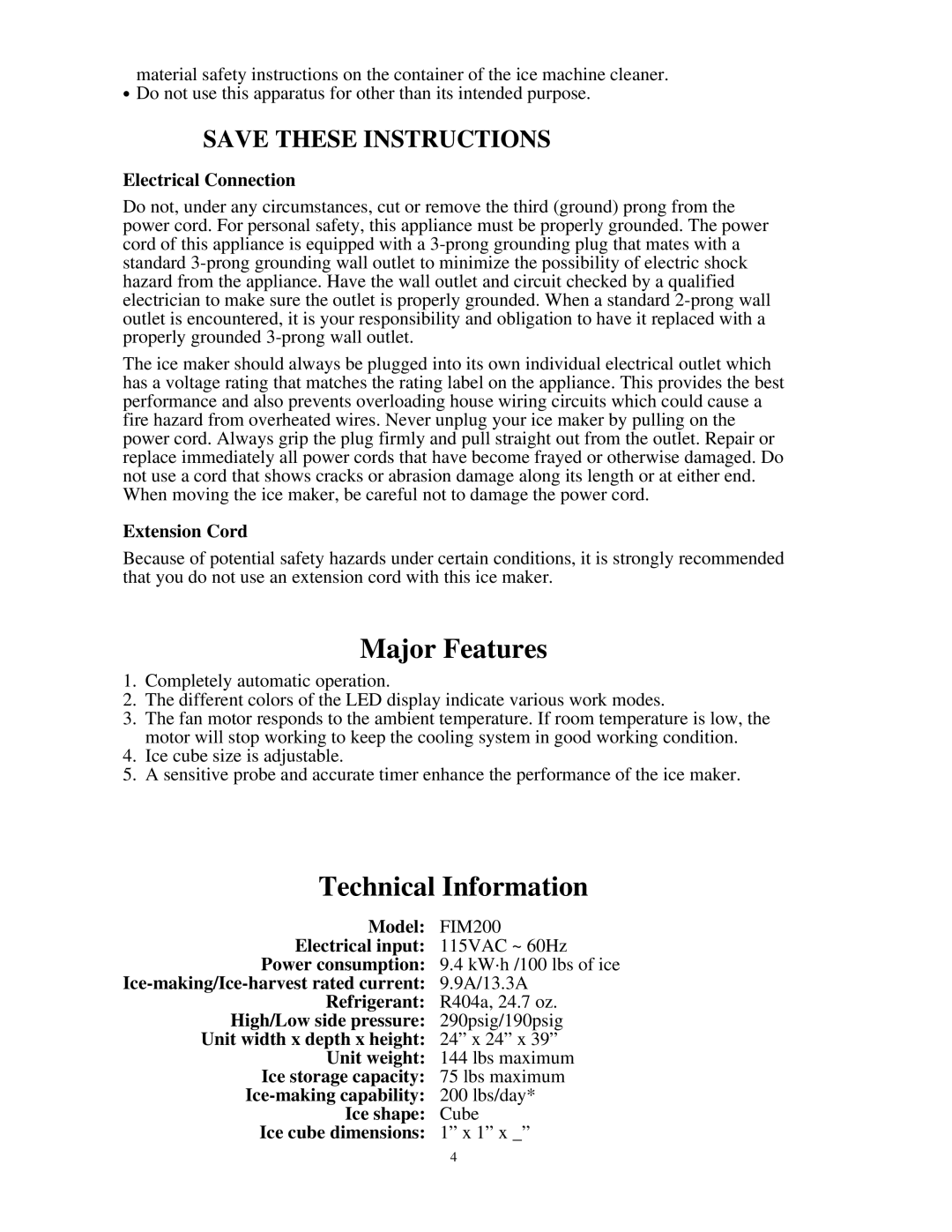 Franklin Industries, L.L.C FIM200 user manual Major Features, Technical Information, Electrical Connection, Extension Cord 