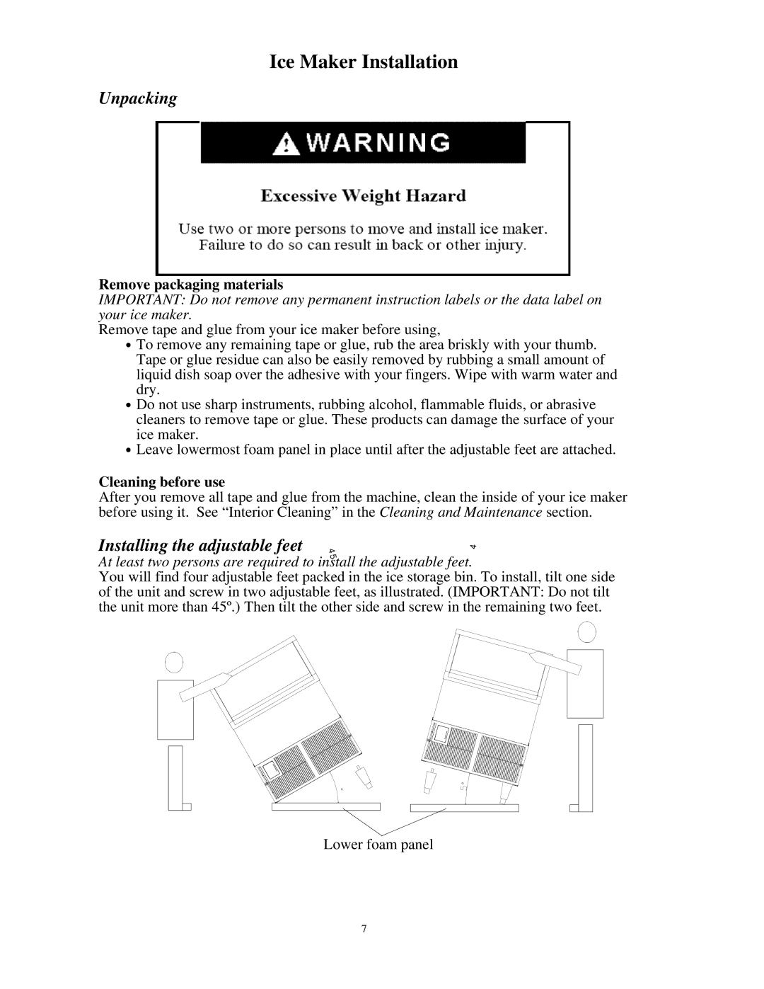 Franklin Industries, L.L.C FIM200 user manual Unpacking, Installing the adjustable feet, Remove packaging materials 