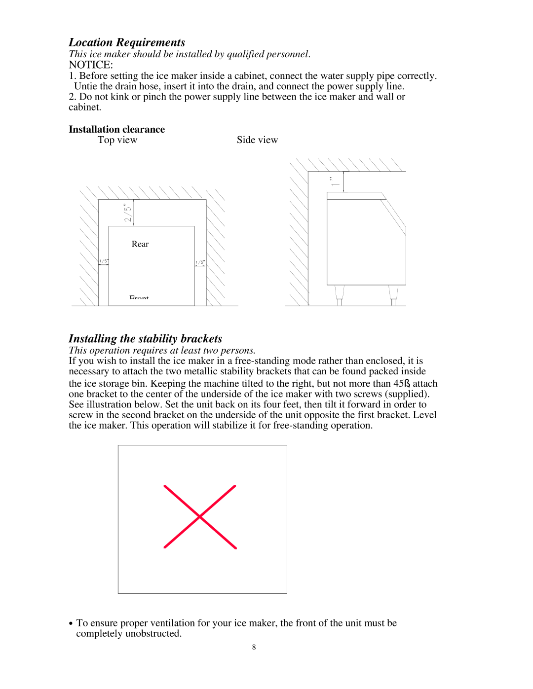 Franklin Industries, L.L.C FIM200 Location Requirements, Installing the stability brackets, Installation clearance 