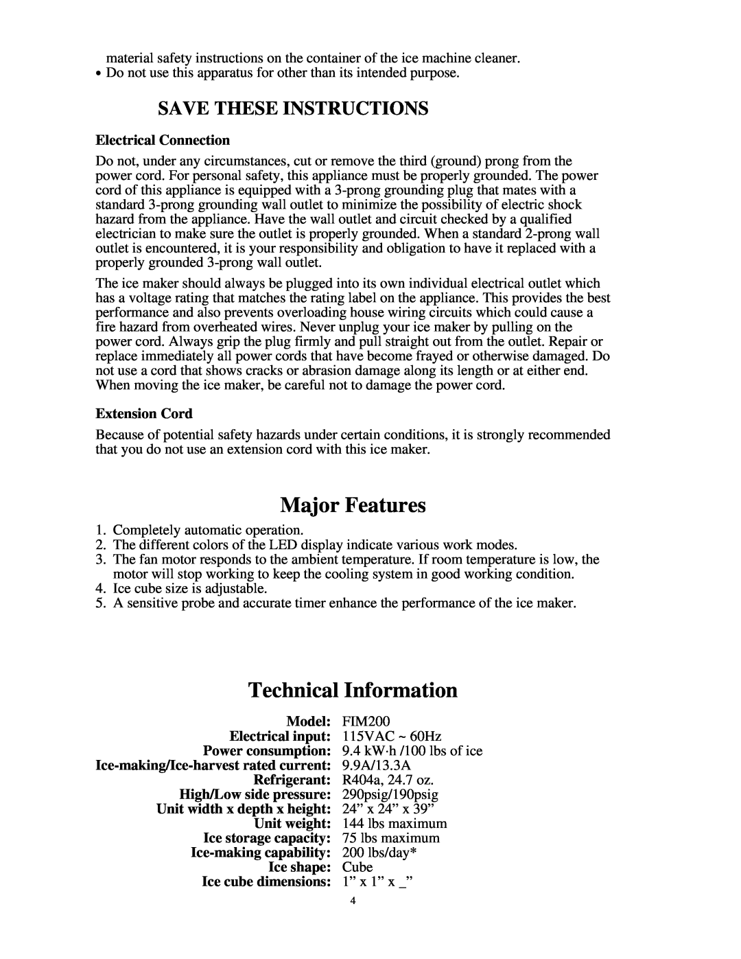 Franklin Industries, L.L.C FIM200 user manual Major Features, Technical Information, Save These Instructions 