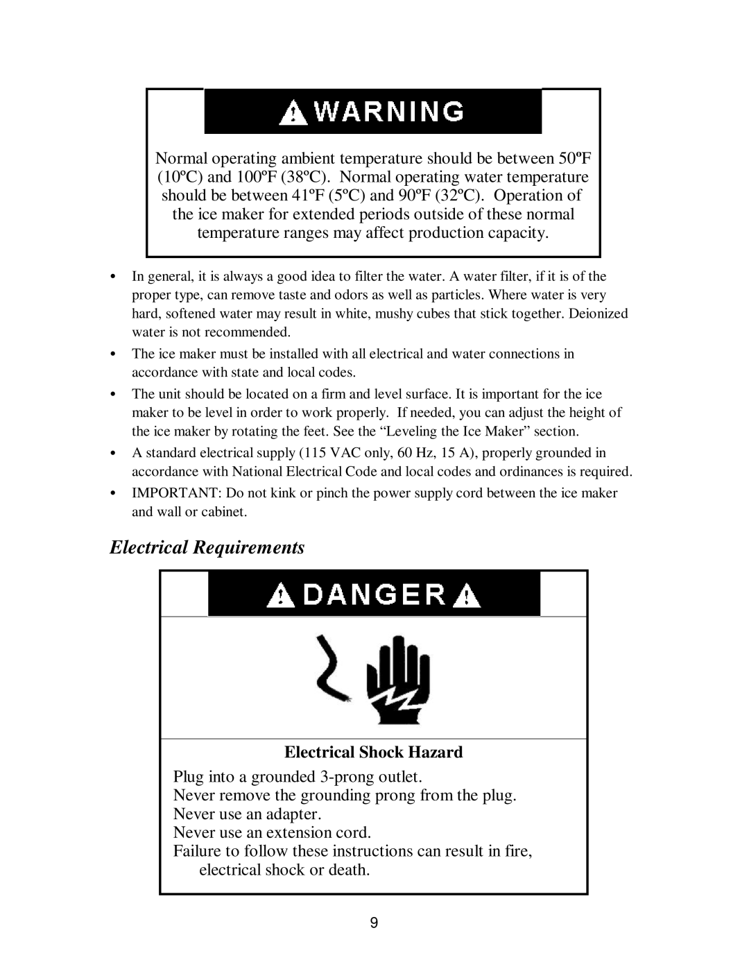 Franklin Industries, L.L.C fim35 user manual Electrical Requirements, Electrical Shock Hazard 