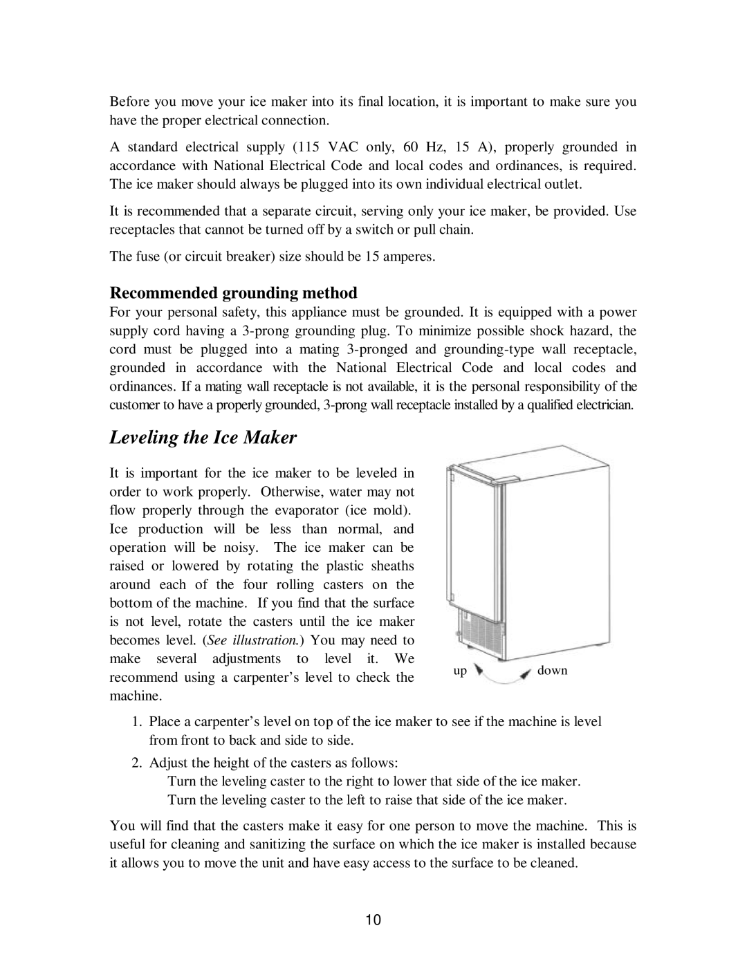 Franklin Industries, L.L.C fim35 user manual Leveling the Ice Maker, Recommended grounding method 