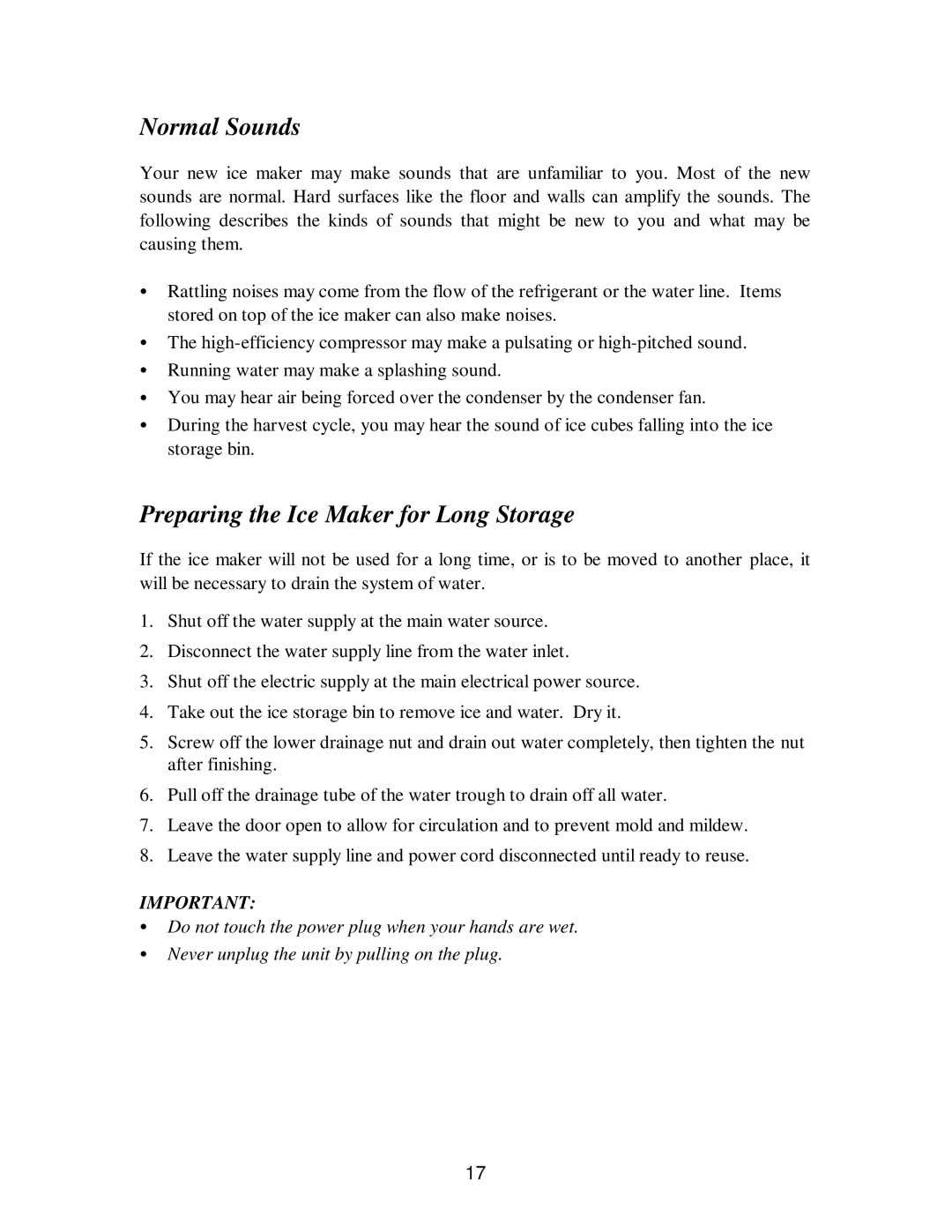 Franklin Industries, L.L.C fim35 user manual Normal Sounds, Preparing the Ice Maker for Long Storage 