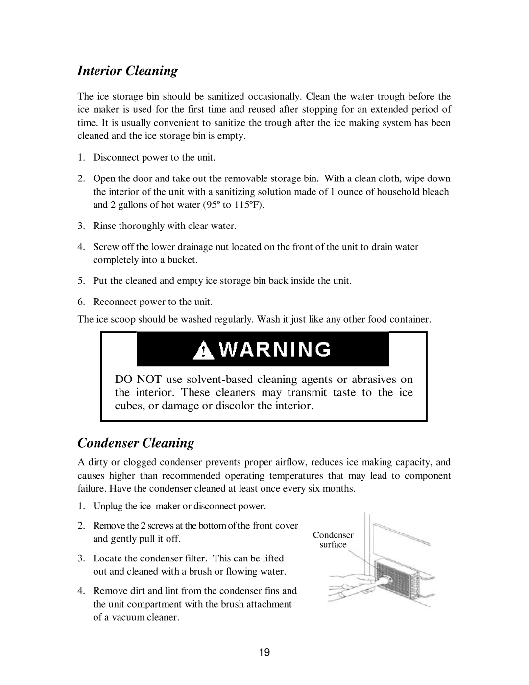 Franklin Industries, L.L.C fim35 user manual Interior Cleaning, Condenser Cleaning 