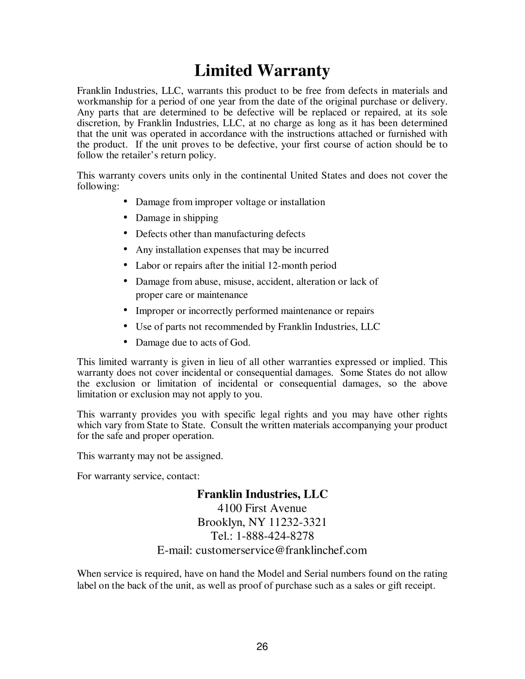 Franklin Industries, L.L.C fim35 user manual Limited Warranty, Franklin Industries, LLC 