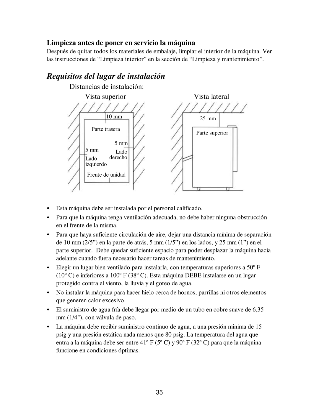 Franklin Industries, L.L.C fim35 Requisitos del lugar de instalación, Limpieza antes de poner en servicio la máquina 