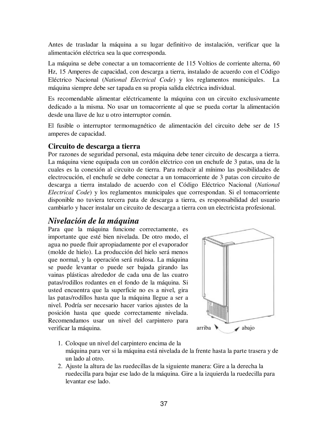 Franklin Industries, L.L.C fim35 user manual Nivelación de la máquina, Circuito de descarga a tierra 