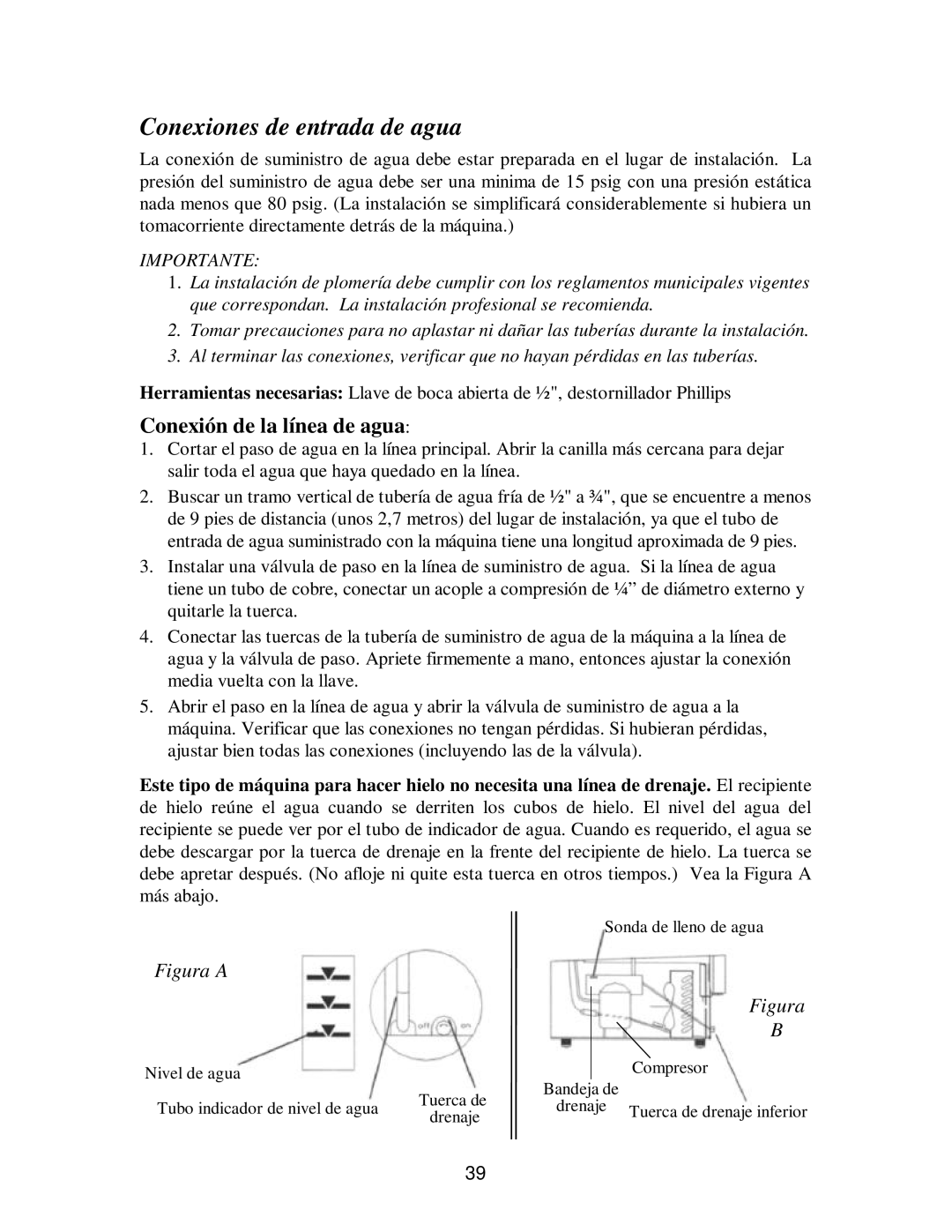 Franklin Industries, L.L.C fim35 user manual Conexiones de entrada de agua, Conexión de la línea de agua 