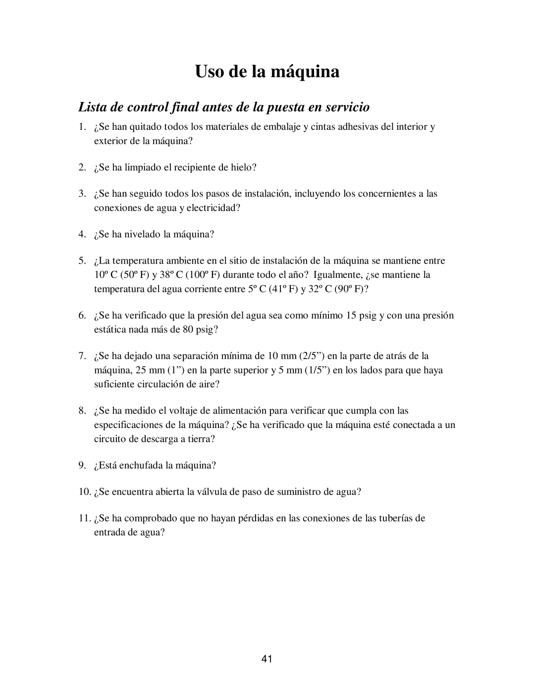 Franklin Industries, L.L.C fim35 user manual Uso de la máquina, Lista de control final antes de la puesta en servicio 