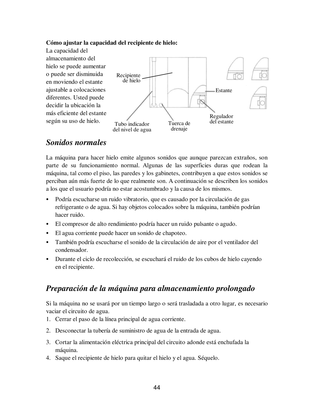 Franklin Industries, L.L.C fim35 user manual Sonidos normales, Preparación de la máquina para almacenamiento prolongado 