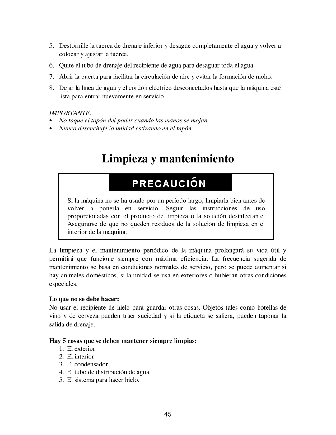 Franklin Industries, L.L.C fim35 user manual Limpieza y mantenimiento, Lo que no se debe hacer 