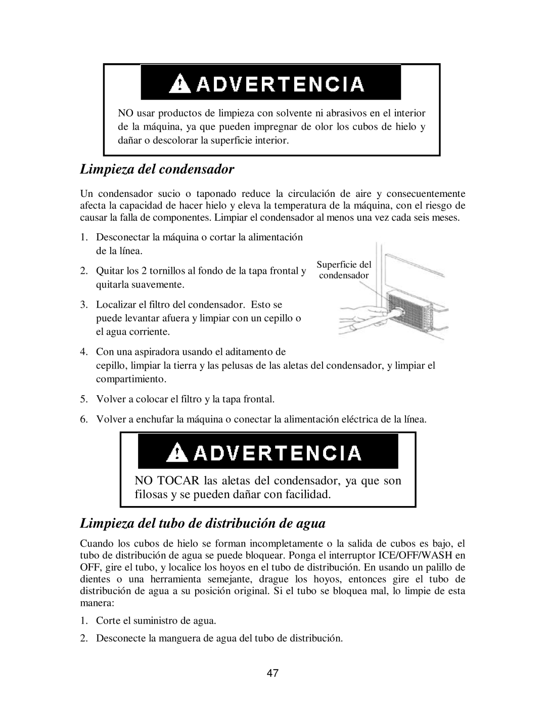 Franklin Industries, L.L.C fim35 user manual Limpieza del condensador, Limpieza del tubo de distribución de agua 