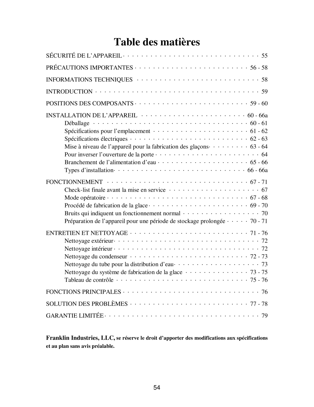 Franklin Industries, L.L.C fim35 user manual Table des matières 