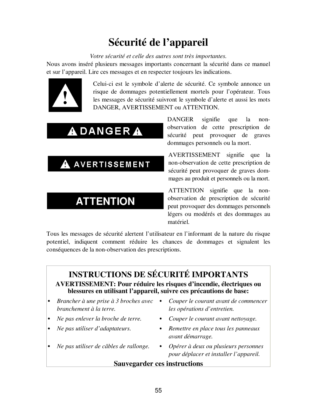 Franklin Industries, L.L.C fim35 user manual Sécurité de l’appareil, Sauvegarder ces instructions 