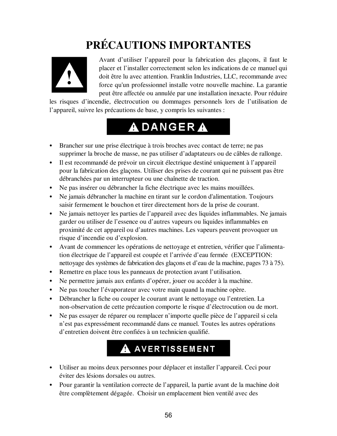 Franklin Industries, L.L.C fim35 user manual Précautions Importantes 