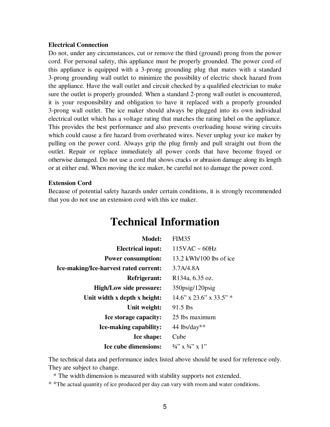 Franklin Industries, L.L.C fim35 user manual Technical Information, Electrical Connection, Extension Cord, Model 