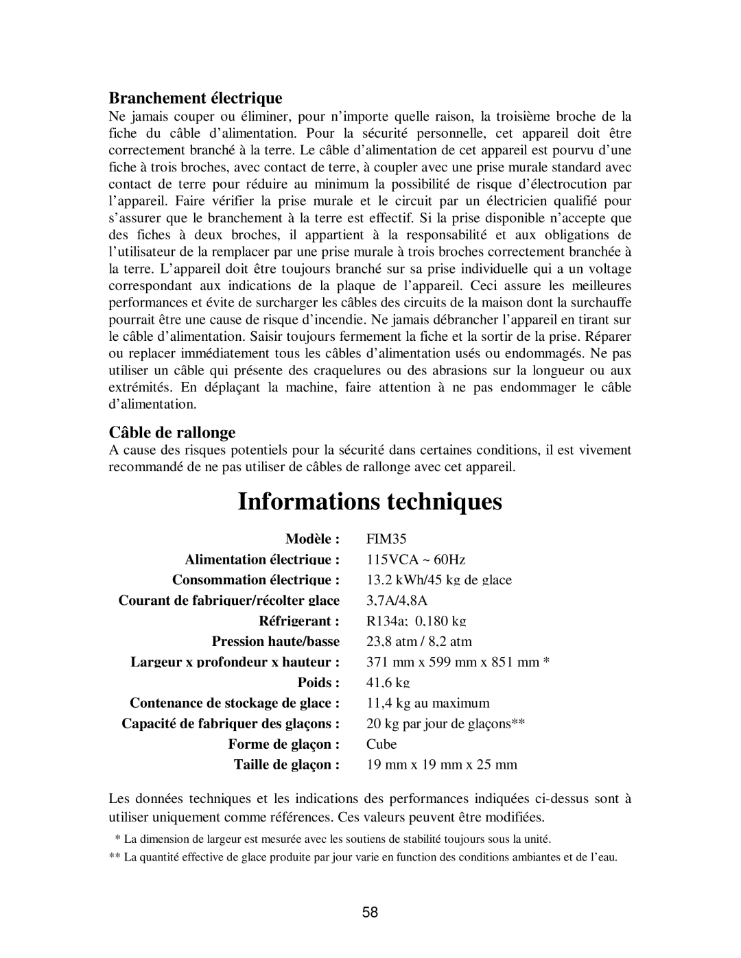 Franklin Industries, L.L.C fim35 user manual Informations techniques, Branchement électrique, Câble de rallonge, Modèle 