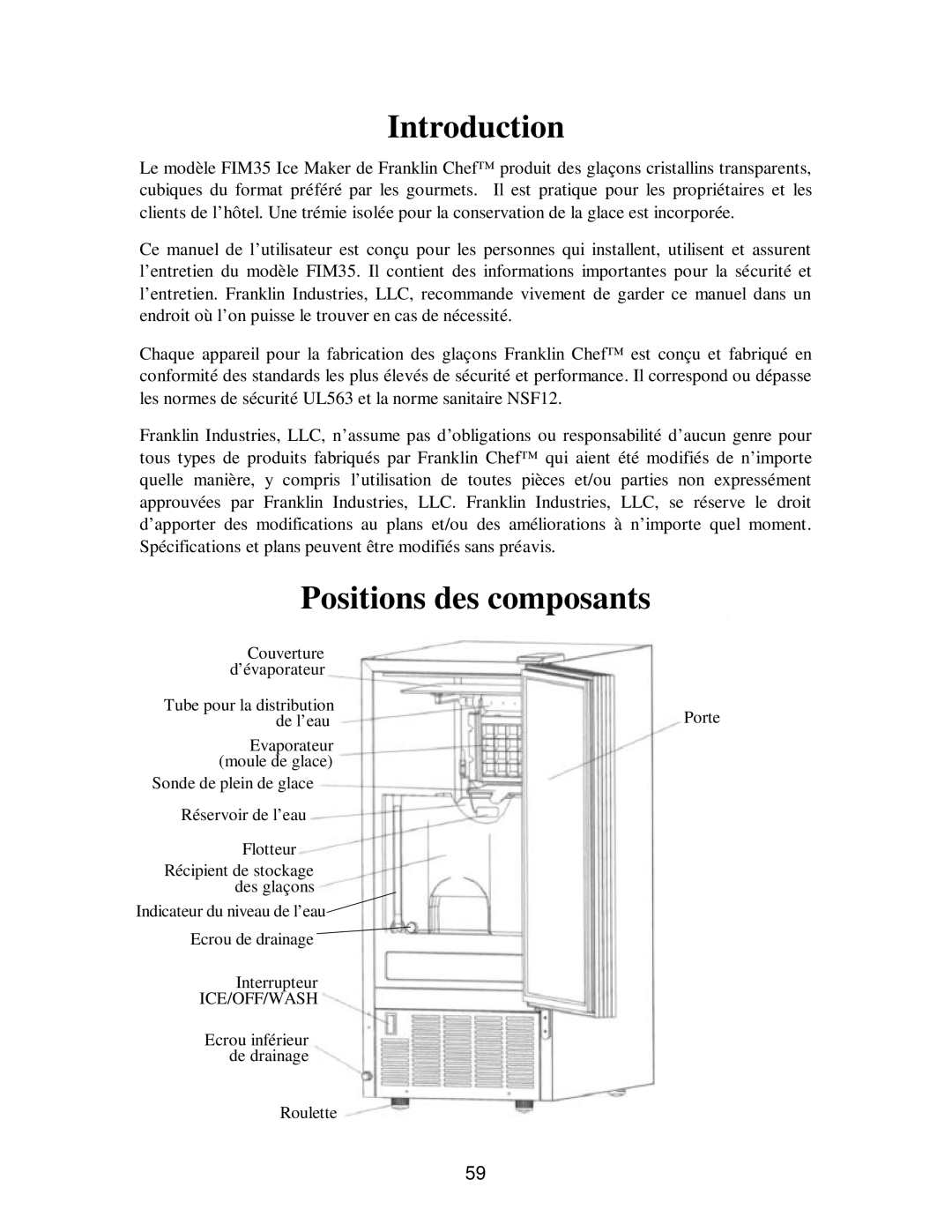 Franklin Industries, L.L.C fim35 user manual Introduction, Positions des composants 