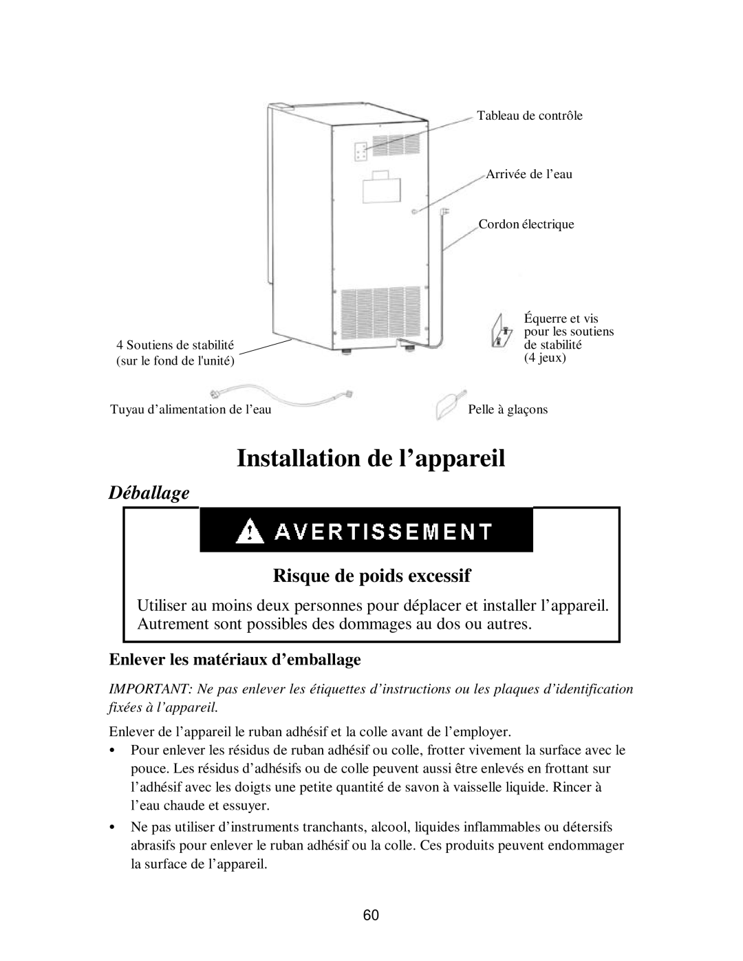 Franklin Industries, L.L.C fim35 user manual Installation de l’appareil, Déballage, Enlever les matériaux d’emballage 