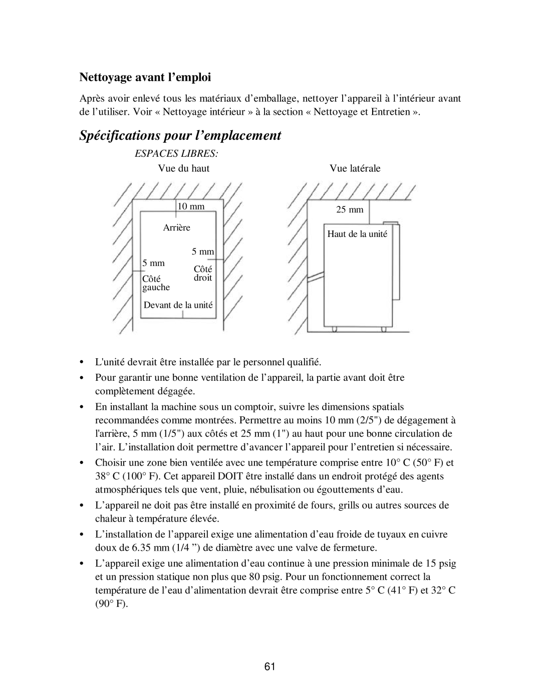 Franklin Industries, L.L.C fim35 user manual Spécifications pour l’emplacement, Nettoyage avant l’emploi 