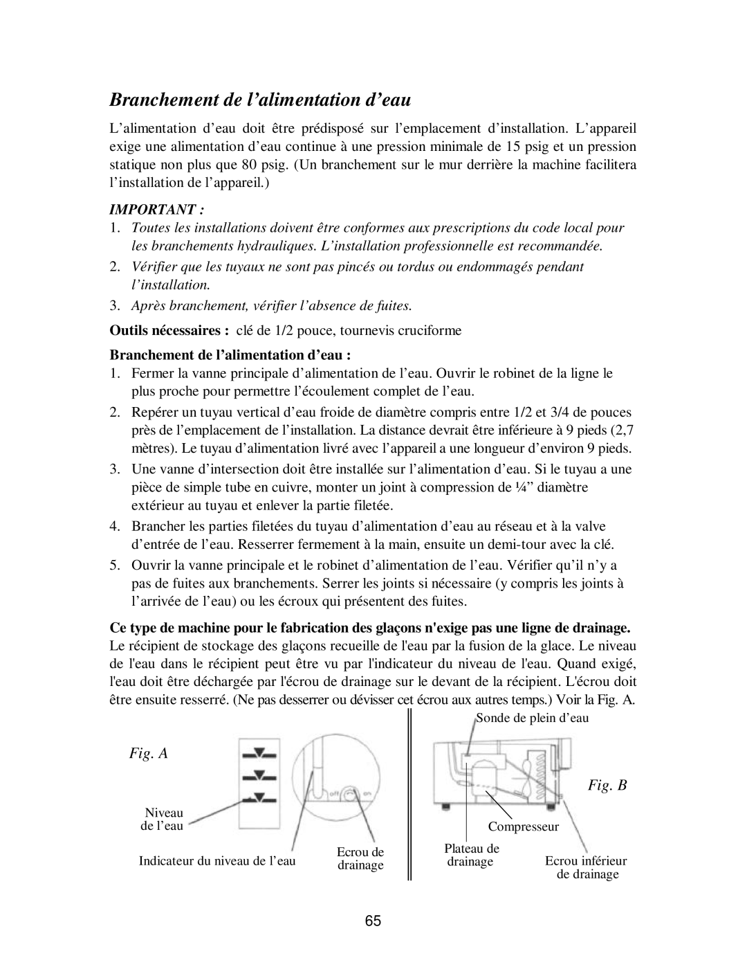 Franklin Industries, L.L.C fim35 user manual Branchement de l’alimentation d’eau 