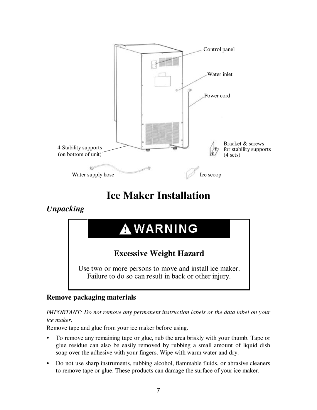 Franklin Industries, L.L.C fim35 user manual Ice Maker Installation, Unpacking, Remove packaging materials 