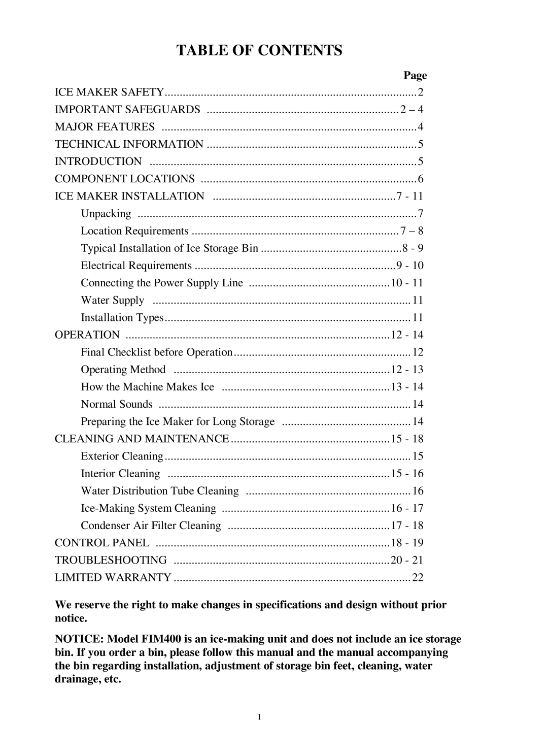 Franklin Industries, L.L.C FIM400 user manual Table of Contents 